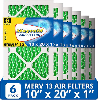 Maycold MERV 13 10x20x1 Air Filter (6-Pack), High-Efficiency Pleated AC & Furnace Filters, Actual Size: 9.70” x 19.70” x 0.75”, Individually Wrapped in Plastic