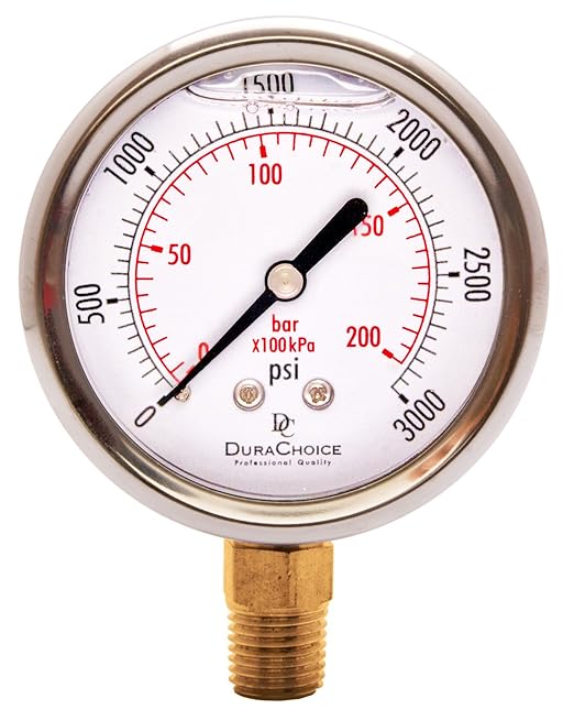 2-1/2" Oil Filled Pressure Gauge - Stainless Steel Case, Brass, 1/4" NPT, Lower Mount Connection, 0-3,000PSI