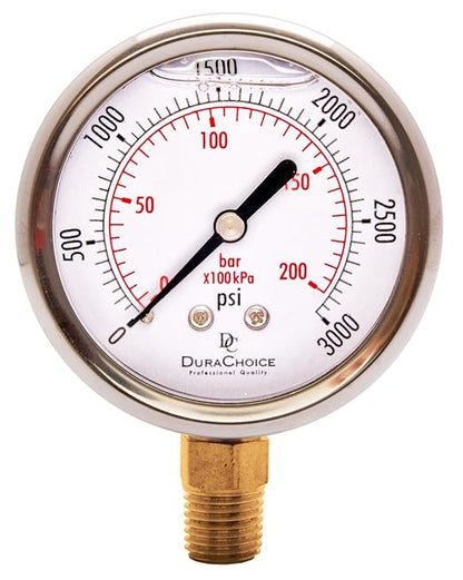 2-1/2" Oil Filled Pressure Gauge - Stainless Steel Case, Brass, 1/4" NPT, Lower Mount Connection, 0-3,000PSI