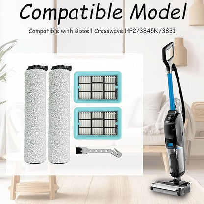 Replacement Brush Rollers and Filters for Bissell CrossWave HF2/3845N/3831 Floor Scrubber Wet-Dry Vacuum Cleaner, 2 Roller Brushs, 2 Filters, 1 Cleaning Brush