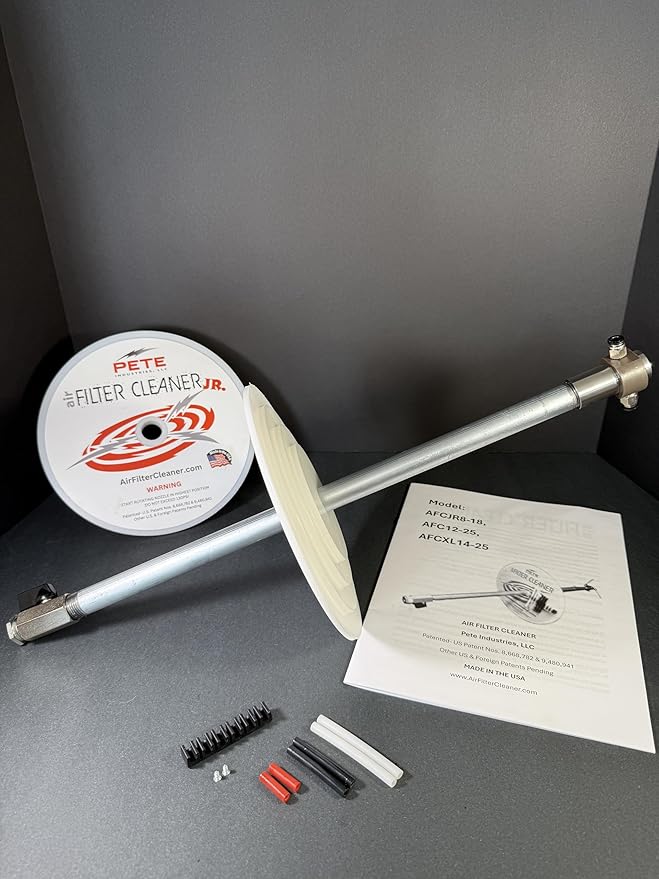 Air Filter Cleaner JUNIOR by Pete Industries, 360º rotating nozzle, Cleans 3.5"-8" ID, Made in USA- Compact Equipment Filter Cleaning Tool for Landscaping, Skid Steers, Mini Excavators, Mini Loaders +
