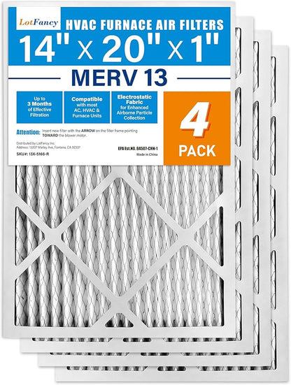LotFancy 14x20x1 Air Filter MERV 13 4-Pack, Electrostatic Pleated HVAC Furnace Air Filter, Captures Pet Dander Smog Smoke, Actual Size: 13.75"x19.75"x0.75"