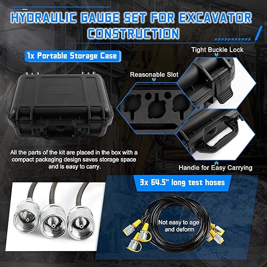 SINOCMP Hydraulic Pressure Gauge Test Kit with 3 Gauges 25/40/60MPa, 16 Straight Connectors, 3 Tee Connectors, 3 Test Hoses 64.5IN, Construction Machinery Excavator Hydraulic Tester Kit