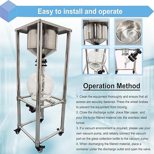 10L Vacuum Filtration System, Negative Pressure Suction Filter with Stainless Steel Buchner Funnel & Glass Filter Flask, Discharge Valve & Brake Casters, for Lab Chemical Industrial Use