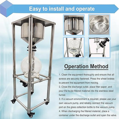 10L Vacuum Filtration System, Negative Pressure Suction Filter with Stainless Steel Buchner Funnel & Glass Filter Flask, Discharge Valve & Brake Casters, for Lab Chemical Industrial Use