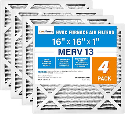 LotFancy 16x16x1 Air Filter MERV 13 4-Pack, Electrostatic Pleated HVAC Furnace Air Filter, Captures Pet Dander Smog Smoke, Actual Size: 15.75"x15.75"x0.75"