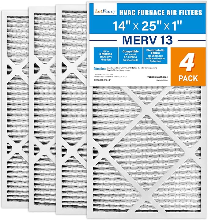 LotFancy 14x25x1 Air Filter MERV 13 4-Pack, Electrostatic Pleated HVAC Furnace Air Filter, Captures Pet Dander Smog Smoke, Actual Size: 13.75"x24.75"x0.75"