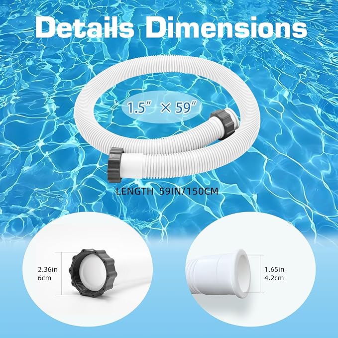 2-Pack 1.5 Inch Pool Pump Hose Replacement for Above Ground Pools, 59" Long Flexible PE Pool Filter Hose for Most 1.5 Inch Diameter Sand Filters & Saltwater Systems Includes 4 Washers (White)