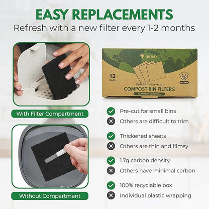 Charcoal Filters for Compost Bucket 3.5 in Square - Pack of 12 Odor Blocking Compost Filters for Countertop Bin, Trash Cans & Litter Boxes - Universal Replacement Compost Bin Filter Charcoal