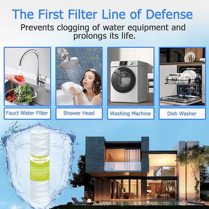 20 Micron Whole House Water Filter Cartridge, String Wound Sediment Filters for Well Water, Universal Replacement for Any 10 inch RO Unit - 10" x 2.5" Cartridges - Pack of 6