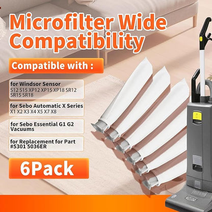 6-Pack MicroFilter fit for SEBO Auto-X S | Replacement Vacuum Filters for Windsor Sensor S12/S15/XP/SR & Essential G1 G2 Upright Vacuums |Replacement for Part#5301 5036ER Micro Hygiene Filter