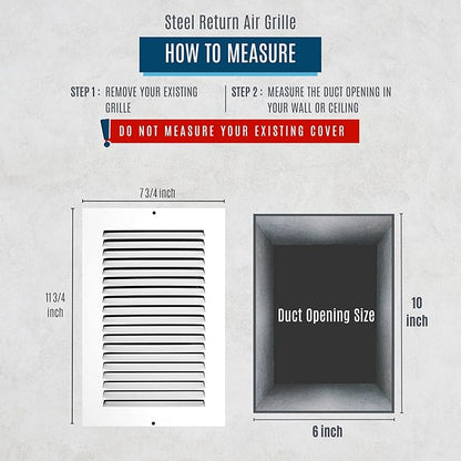 Fits 6x10 Duct Opening | Steel Return Air Grille by Handua | Vent Cover Grill for Sidewall and Ceiling | White | HVAC Cold Air Intake Grille | Outer Dimensions: 7.75"W X 11.75"