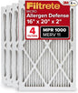 Filtrete 16x20x2 AC Furnace Air Filter, MERV 11, MPR 1000, Allergen Defense, 3-Month Pleated 2-Inch Electrostatic Air Cleaning Filter, 4 Pack (Actual Size 15.5 x 19.5 x 1.75 in)