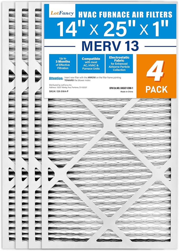 LotFancy 14x25x1 Air Filter MERV 13 4-Pack, Electrostatic Pleated HVAC Furnace Air Filter, Captures Pet Dander Smog Smoke, Actual Size: 13.75"x24.75"x0.75"