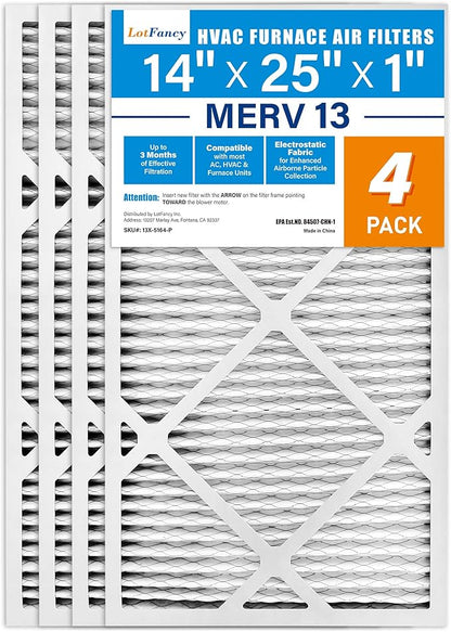 LotFancy 14x25x1 Air Filter MERV 13 4-Pack, Electrostatic Pleated HVAC Furnace Air Filter, Captures Pet Dander Smog Smoke, Actual Size: 13.75"x24.75"x0.75"