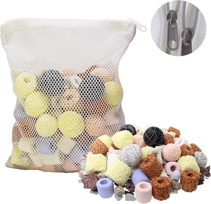 Aquarium Filter Media 15-in-1 Mineral Balls & Ceramic Rings - 1000g with Zippered Mesh Bag for Fish Tank/Pond Filters