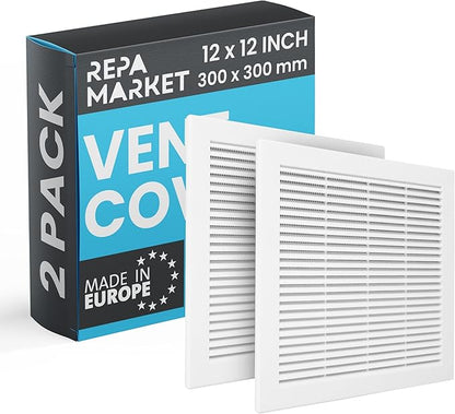 Repa Market 12 x 12 Inch (Outer) White Square Air Vent Cover - Pack of 2 Plastic Fresh Air Intake Vent - AC Cover with Nylon Mesh Screen, Wall, Ceiling HVAC Return Air Register, Modern Soffit Vents
