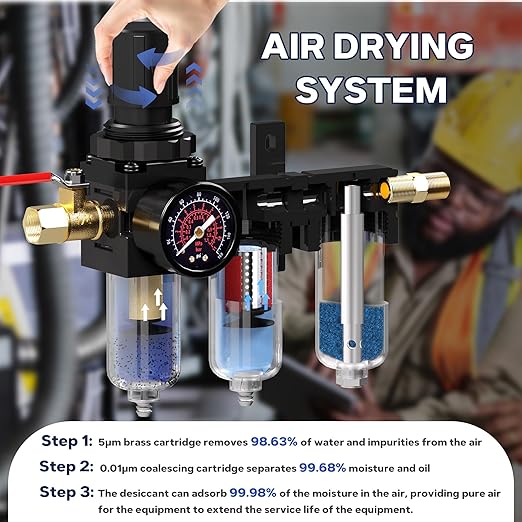 NEWPO 1/4" NPT Three Stage Air Drying System,air Pressure Regulator with 5＆0.01 Micron Filter Cartridge，Desiccant Dryer & Air Compressor Dryer, Metal Bowl Semi-Auto Drain