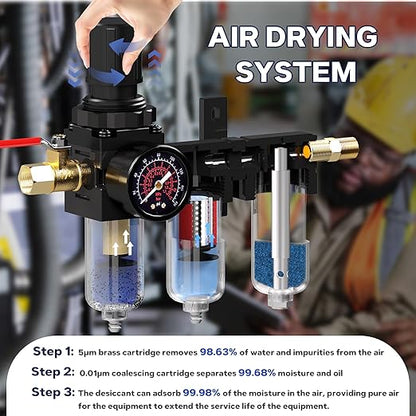 NEWPO 1/4" NPT Three Stage Air Drying System,air Pressure Regulator with 5＆0.01 Micron Filter Cartridge，Desiccant Dryer & Air Compressor Dryer, Metal Bowl Semi-Auto Drain