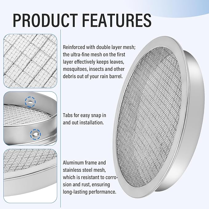 ANTOBLE Rain Barrel Screen, 6 Inch Ultra Fine Mesh Aluminum Rain Barrel Top Screen Filter Rainwater Collection DIY Rain Barrel Diverter Kit - Keep Mosquitos and Debris Out of Rain Barrel (2 Pack)