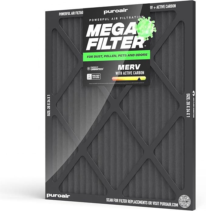 PuroAir MegaFilter - 20x24x1 Air Filter MERV 13 Activated CarbonTech Defense - Heavy Duty 3 Layer Furnace Filters Allergens, Pollen, Dust, Pet Dander, Smoke, Odors - HVAC Air Filter 20x24x1 (1-Pack)
