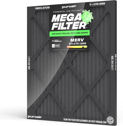 PuroAir MegaFilter - 20x24x1 Air Filter MERV 13 Activated CarbonTech Defense - Heavy Duty 3 Layer Furnace Filters Allergens, Pollen, Dust, Pet Dander, Smoke, Odors - HVAC Air Filter 20x24x1 (1-Pack)