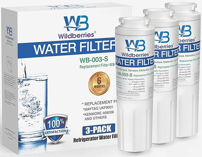 Wildberries UKF8001 NSF Certified Refrigerator Water Filter Replacement for Everydrop Filter 4, EDR4RXD1, UKF8001,Maytag UKF8001, Whirlpool EDR4RXD1, 4396395,Kenmore 9084, 9006, Pack of 3
