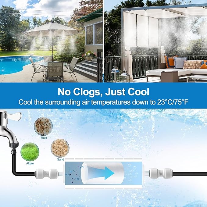 Pre-Assembled Misters for Outside Patio,Outdoor Misting Cooling System w Filter,50FT|15M.Backyard Mist Kit for Garden,Greenhouse,Deck,Umbrella,Canopy,Pool,Porch,Trampoline,Park.