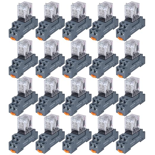 20PCS Electromagnetic Power Relay, 8-Pin 10 AMP 24V AC Relay Coil with Socket Base, LED Indicator, DPDT 2NO 2NC - MY2NJ [Applicable for DIN Rail System]