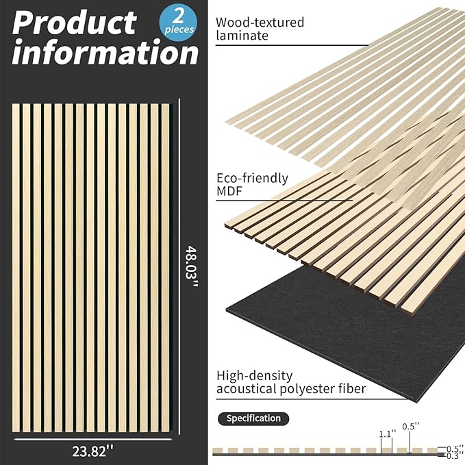 Wood Slat Wall Panel, 48'' x 24'' Wood Panels for Wall, 3D Soundproof Wall Panels, Large Acoustic Panels for Interior Ceiling and Wall Decor Noise Reduction, 2 Pack, Oak