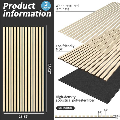 Wood Slat Wall Panel, 48'' x 24'' Wood Panels for Wall, 3D Soundproof Wall Panels, Large Acoustic Panels for Interior Ceiling and Wall Decor Noise Reduction, 2 Pack, Oak