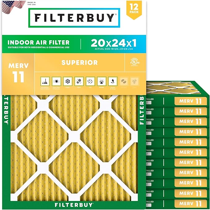 Filterbuy 20x24x1 Air Filter MERV 11 Superior Pet & Allergy Defense (12-Pack), Electrostatic Pleated HVAC AC Furnace Filters Replacement, Made in USA (Actual Size: 19.38 x 23.38 x 0.75)