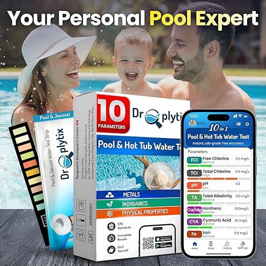 10-in-1 Pool & Spa Water Test Kit with App, Hot Tub, Saltwater, Chlorine, Alkalinity, Hardness, pH, Nitrate, Sulfate, Digital Water Quality Testing Strips (DXPOOL-R10-S10)