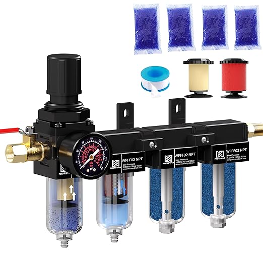 NEWPO 1/4'' NPT 4 Stage Air Drying System,Air Dryer for Compressor,5 &0.01 Micron Brass Coalescing Filter,Double Desiccant Dryer for Plasma Cutter and Paint Spray,Semi-Auto Drain (Black)