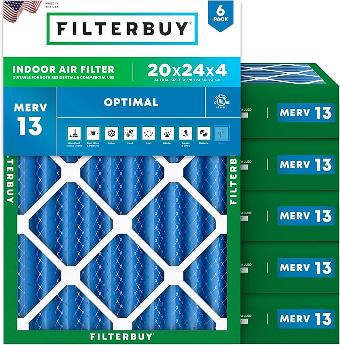 Filterbuy 20x24x4 Air Filter MERV 13 Optimal Smoke & Allergy Defense (6-Pack), Electrostatic Pleated HVAC AC Furnace Filters Replacement, Made in USA (Actual Size: 19.38 x 23.38 x 3.63)