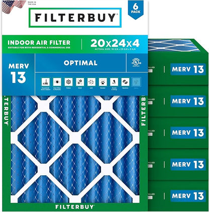 Filterbuy 20x24x4 Air Filter MERV 13 Optimal Smoke & Allergy Defense (6-Pack), Electrostatic Pleated HVAC AC Furnace Filters Replacement, Made in USA (Actual Size: 19.38 x 23.38 x 3.63)