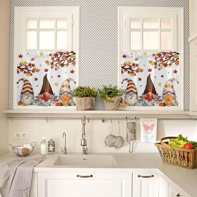 Fall Kitchen Curtain Set, Orange Yellow Thanksgiving Maple Leaf Gnomes Pumpkin Window Valance and Tiers 36" Length, Light Filtering Short Curtains Valance for Cafe Bathroom Bedroom 54"x18"