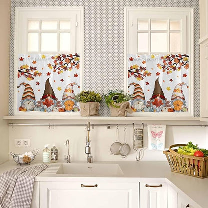 Fall Kitchen Curtain Set, Orange Yellow Thanksgiving Maple Leaf Gnomes Pumpkin Window Valance and Tiers 36" Length, Light Filtering Short Curtains Valance for Cafe Bathroom Bedroom 54"x18"
