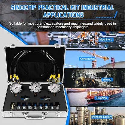 SINOCMP Hydraulic Pressure Gauge Test Kit Tractor Hydraulic Tester Set with 3 Gauges(25/40/60Mpa) 3 Hoses(64.5in) 11 Quick Connectors for Excavator Construction Machinery(Silver)