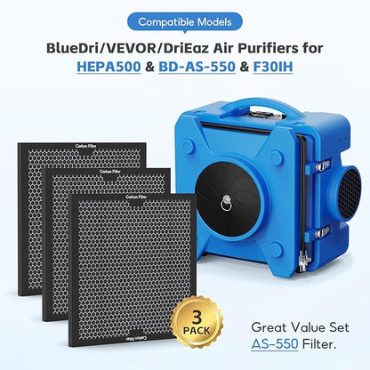 3-pack Activated Carbon Filter Replacement Set Compatible with BlueDri, VEVOR and DriEaz Air Purifiers, for HEPA500 & BD-AS-550 & F301H