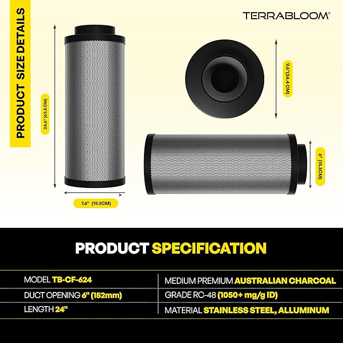 TerraBloom 6" x 24" Carbon Filter for Grow Tent - 46mm Activated Charcoal Air Filter - Maximize Airflow with 550 CFM - Premium Carbon Air Filter & Charcoal Filter for Homes & Commercial Applications