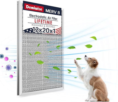 12x20x1 (Actual Size:11.75x19.75x0.86）Lifetime Electrostatic Air Filter, MERV 8 Washable Aluminum AC/HVAC Furnace Filter, Reusable Permanent Air Filter, Easy to Clean, Healthier Home/Office