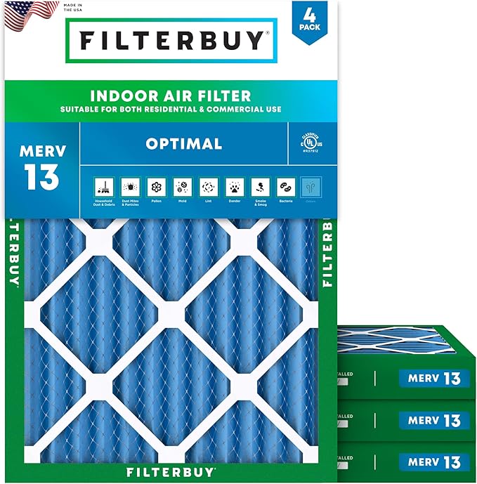 Filterbuy 14x20x2 Air Filter MERV 13 Optimal Smoke & Allergy Defense (4-Pack), Electrostatic Pleated HVAC AC Furnace Filters Replacement, Made in USA (Actual Size: 13.50 x 19.50 x 1.75)