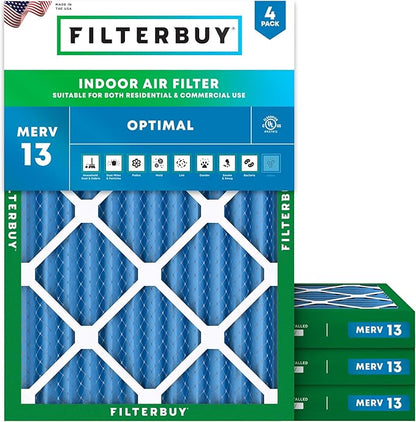 Filterbuy 25x32x2 Air Filter MERV 13 Optimal Smoke & Allergy Defense (4-Pack), Electrostatic Pleated HVAC AC Furnace Filters Replacement, Made in USA (Actual Size: 24.50 x 31.50 x 1.75)