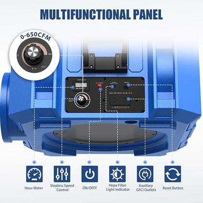 650CFM Hepa Air Scrubber with 4-Stage Filtration, Stackable Negative Air Machine, Commercial Air Purifier with MERV-10/HEPA/Carbon Filters for Water Damage, Construction, Industrial and Home Use