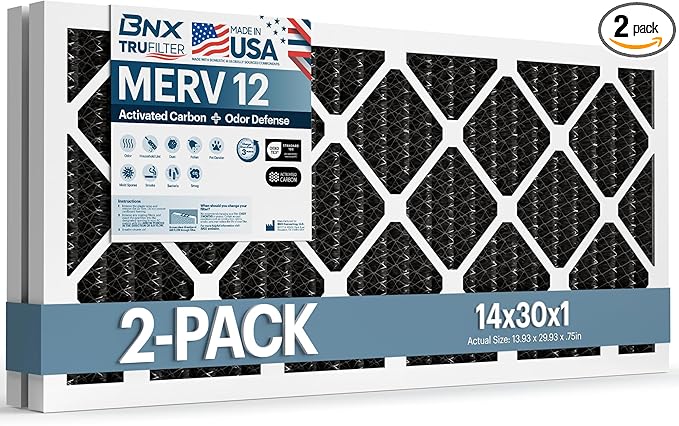BNX TruFilter 14x30x1 MERV 12 Odor Defense (2-Pack) AC Furnace Air Filter with Activated Carbon - MADE IN USA - Pleated Air Conditioner HVAC AC Furnace Filters - Removes Odor, Mold, Bacteria, Smoke
