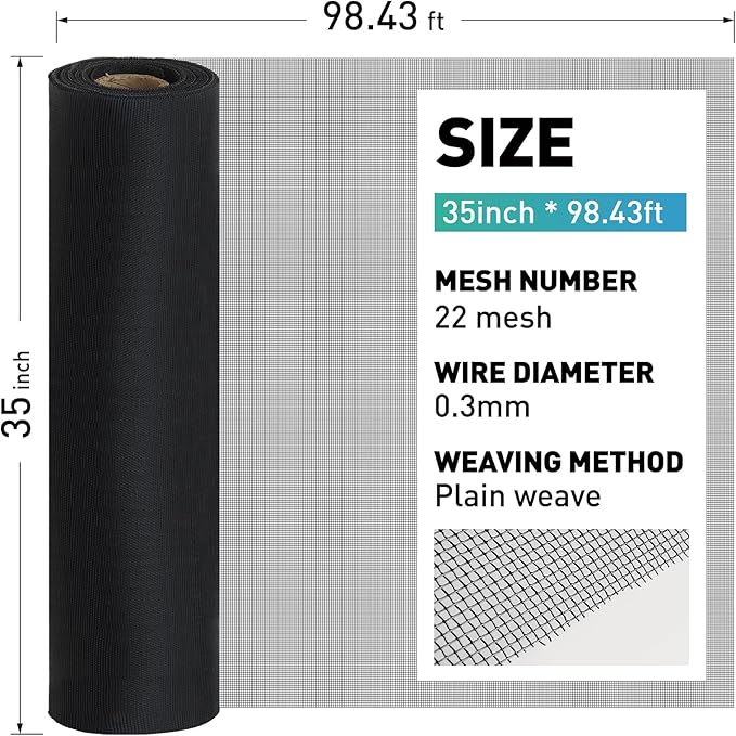 304 Stainless Steel Mesh Window Screen Roll,35IN x 98.43FT Black Metal Window Screen Replacement,Window Screen Mesh for Window,Door,Patio,Pet,Vent,Filter,Porch,Cage and DIY Project (22 Mesh)