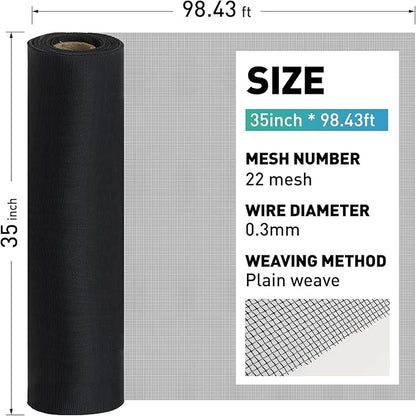 304 Stainless Steel Mesh Window Screen Roll,35IN x 98.43FT Black Metal Window Screen Replacement,Window Screen Mesh for Window,Door,Patio,Pet,Vent,Filter,Porch,Cage and DIY Project (22 Mesh)