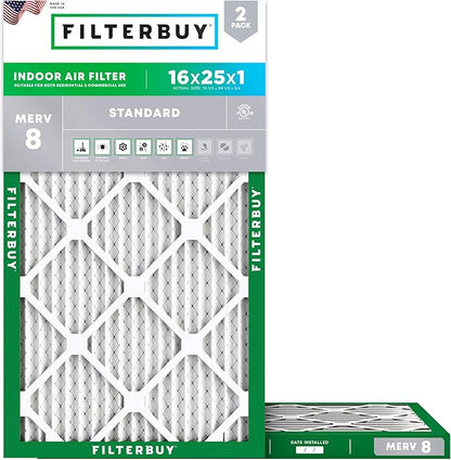 Filterbuy 16x25x1 Air Filter MERV 8 Essential Dust & Allergy Defense (2-Pack), Electrostatic Pleated HVAC AC Furnace Filters Replacement, Made in USA (Actual Size: 15.50 x 24.50 x 0.75)