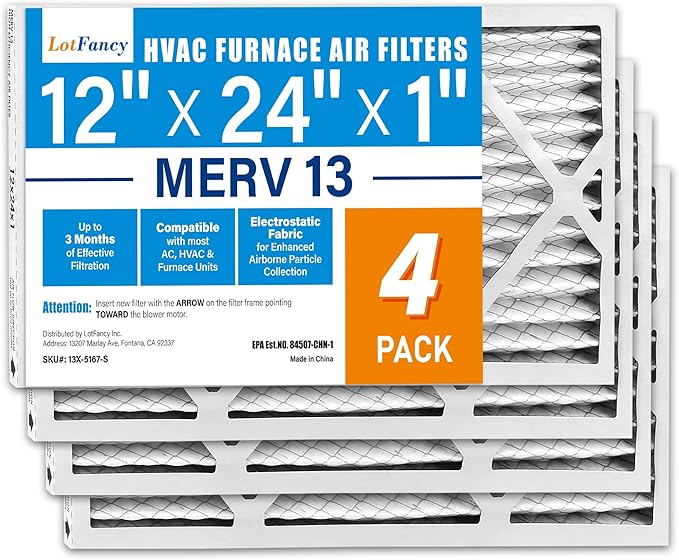 LotFancy 12x24x1 Air Filter MERV 13 4-Pack, Electrostatic Pleated HVAC Furnace Air Filter, Captures Pet Dander Smog Smoke, Actual Size: 11.75"x23.75"x0.75"